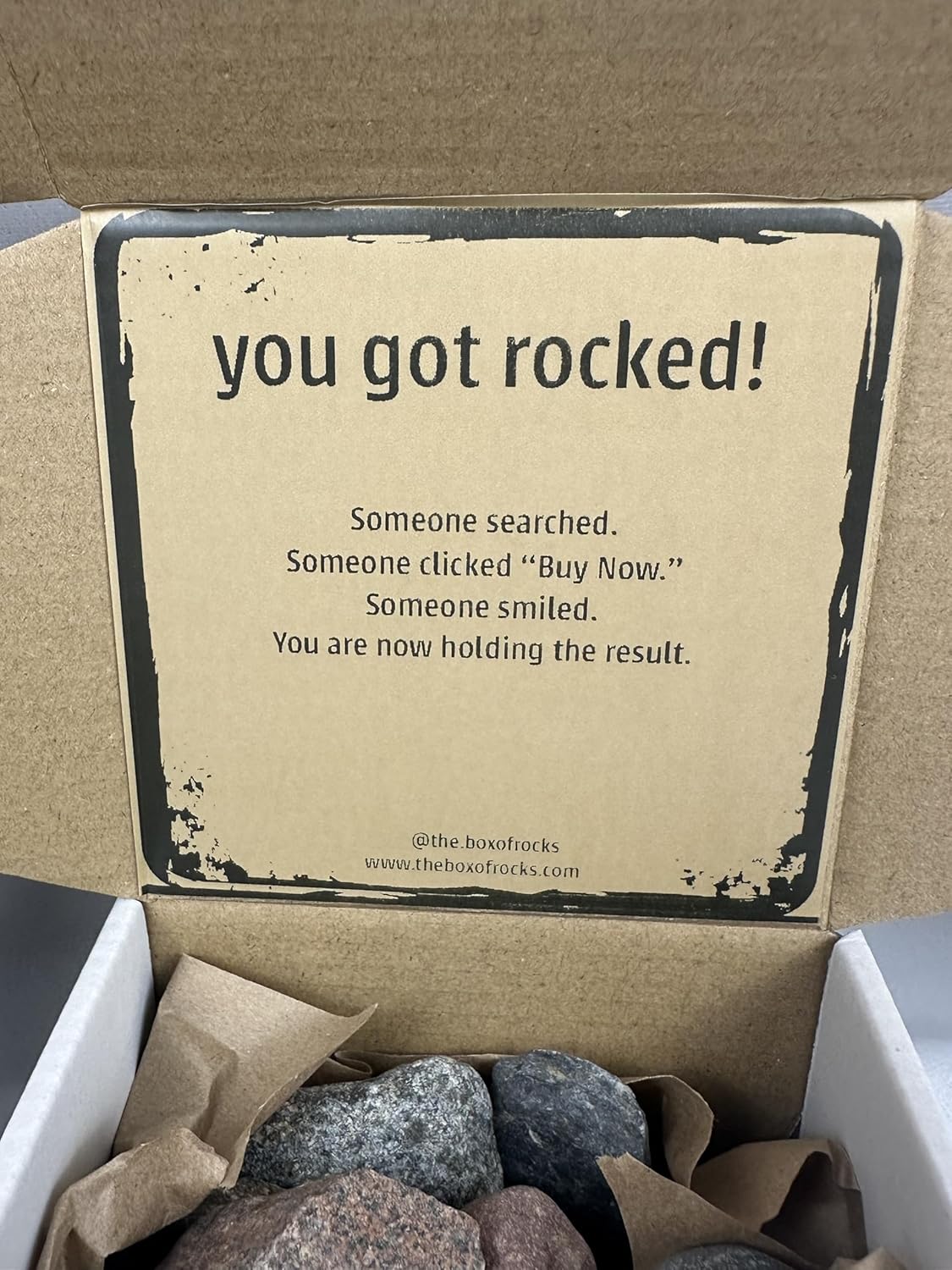 You Got Rocked insert card above an assortment of real river rocks