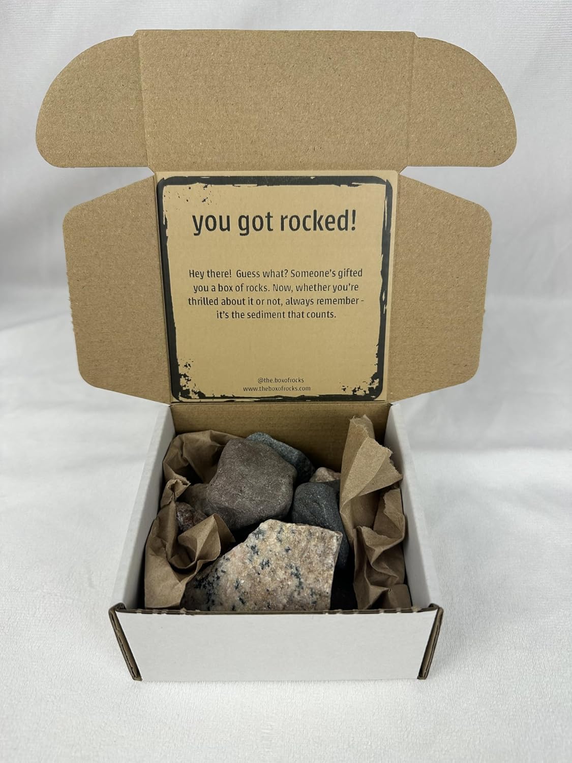 The Box of Rocks product photo showing an open box with kraft paper, rocks, and a you got rocked insert card